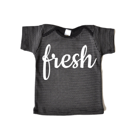 Baby Tshirt  - organic cotton - Striped Black with fresh print on front
