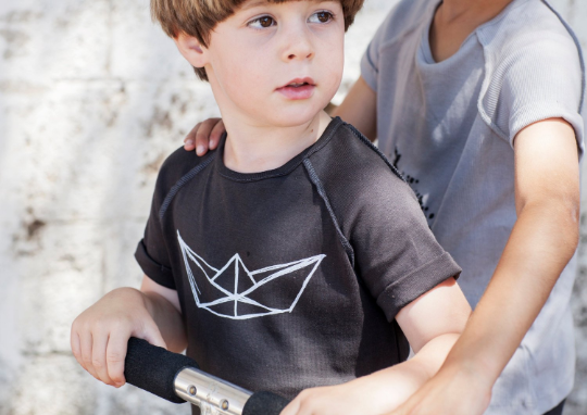 Toddler Shirt- Organic cotton- Black with White Paper Boat Print