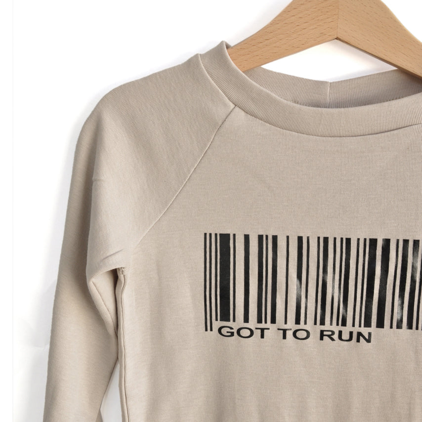 Kids Raglan Top  - Organic Cotton - Mocha with Black Bar-code Print