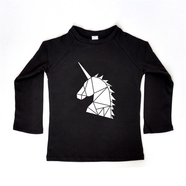 Kids Raglan Top  - Organic Cotton - Black with White Unicorn Print