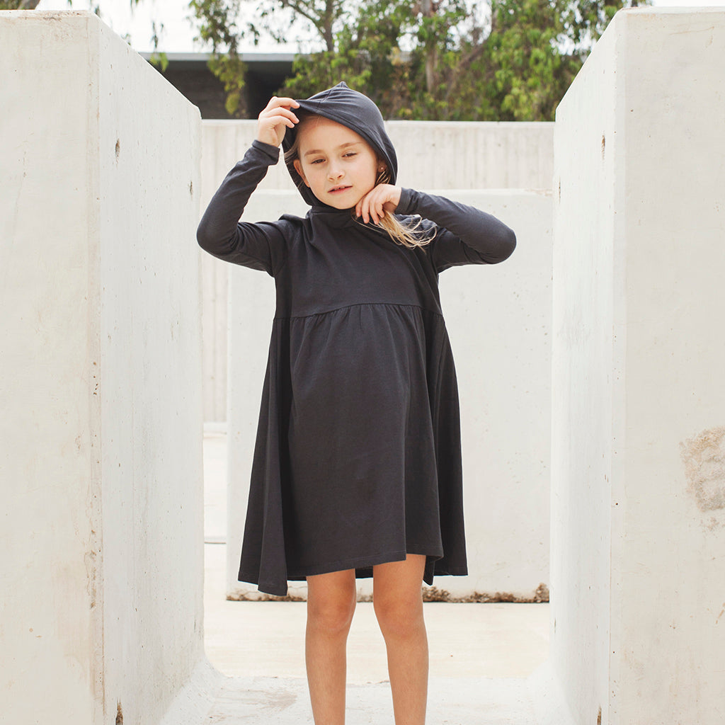 Coal Gray Long Sleeve Dress with Hoodie - Organic Cotton