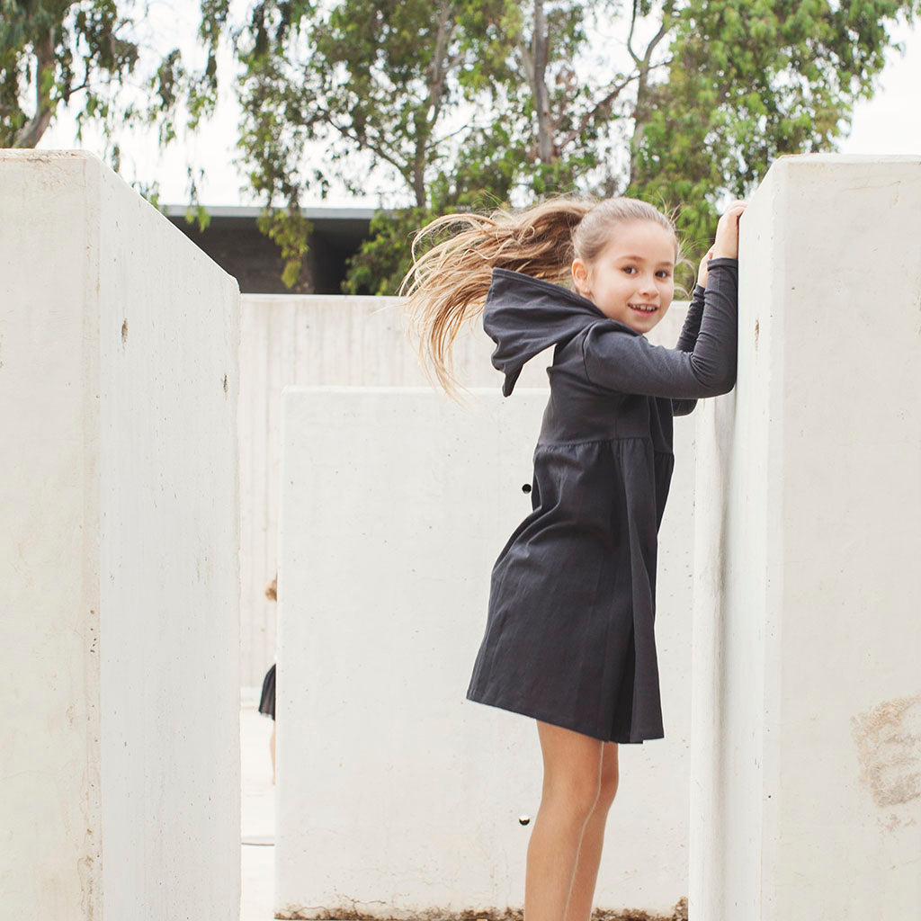 Coal Gray Long Sleeve Dress with Hoodie - Organic Cotton