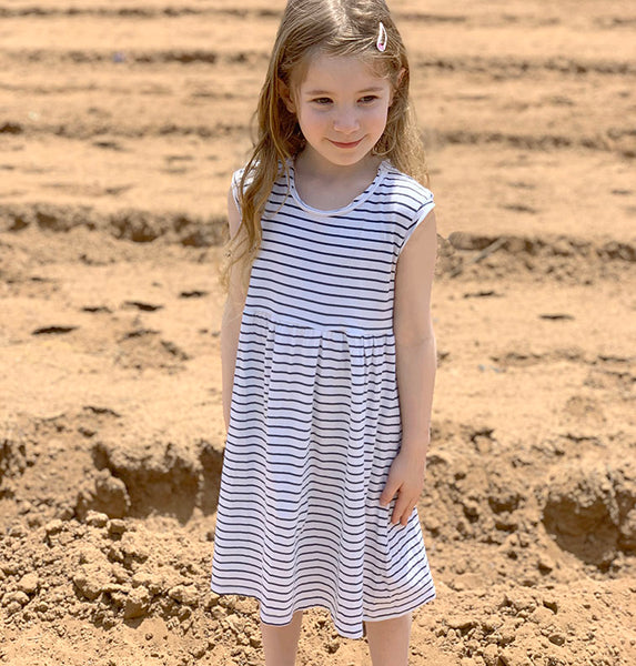 Short Sleeve Dress - Organic Cotton - Navy Blue Stripes