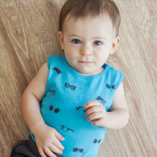 Baby Romper - organic cotton - Turquoise with sunglasses print